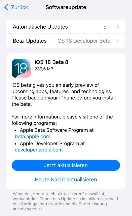 甘井子苹果手机维修分享苹果 iOS / iPadOS 18 开发者预览版 Beta 8 发布 